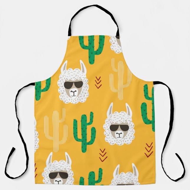 Seamless cartoon llama and cactus pattern in brigh apron (Front)
