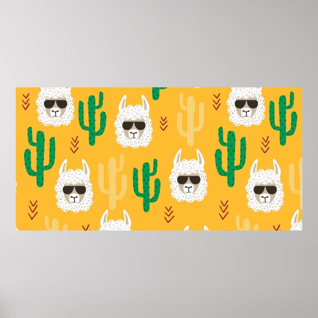 Seamless cartoon llama and cactus pattern in brigh poster (Front)