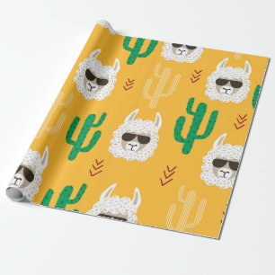 Seamless cartoon llama and cactus pattern in brigh wrapping paper
