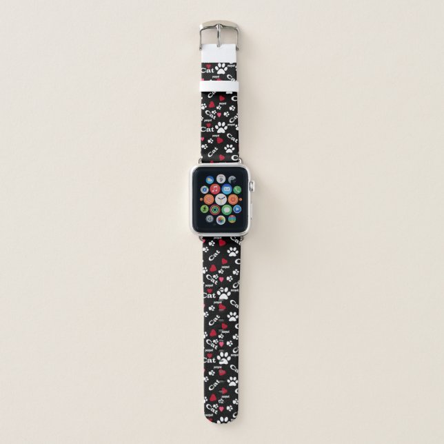 Seamless cat kitten pet foot footprint black white apple watch band (Front)