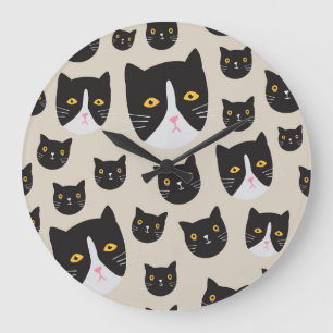 Seamless Cat, Whimsical Pattern Illustration. Large Clock