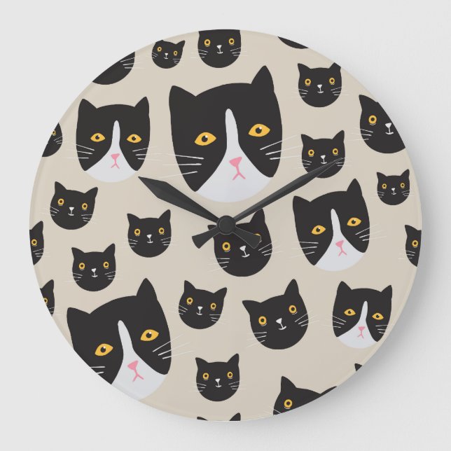Seamless Cat, Whimsical Pattern Illustration. Large Clock (Front)
