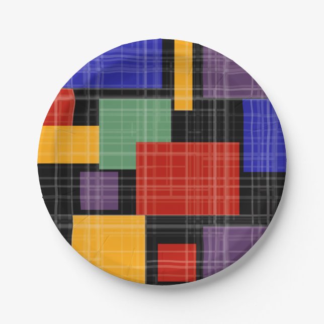 Seamless checkered plaid geometrical squares lined paper plates (Front)