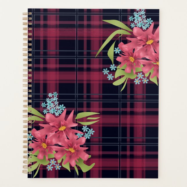 Seamless checkered plaid tartan black red flowers planner (Front)