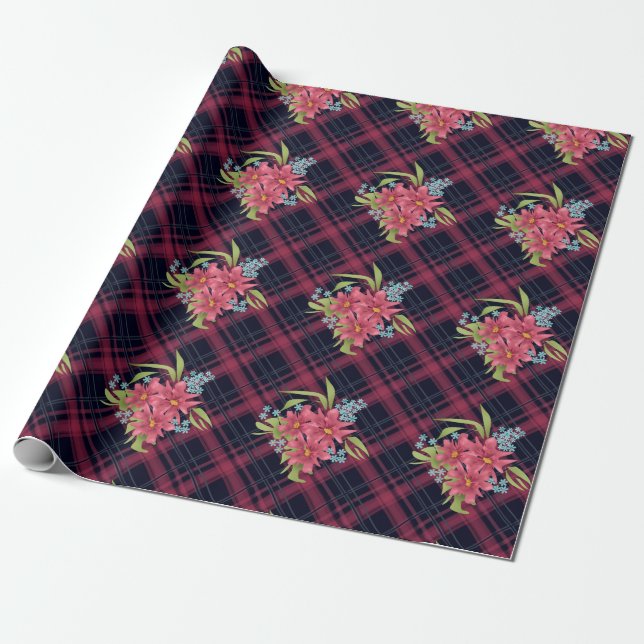 Seamless checkered plaid tartan black red flowers wrapping paper (Unrolled)