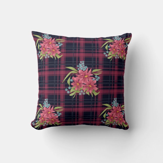 Seamless checkered plaid tartan flowers floral bla throw pillow (Front)