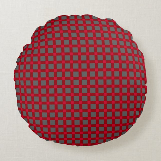 Seamless checkered plaid tartan pattern red gray round pillow (Front)
