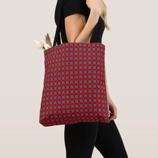 Seamless checkered plaid tartan pattern red gray tote bag (Close Up)