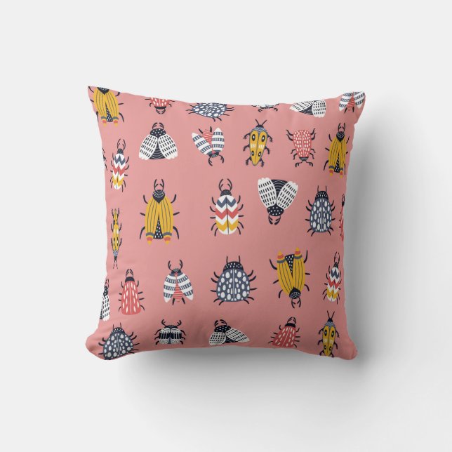 Seamless childish pattern with bugs and beetles in throw pillow (Front)