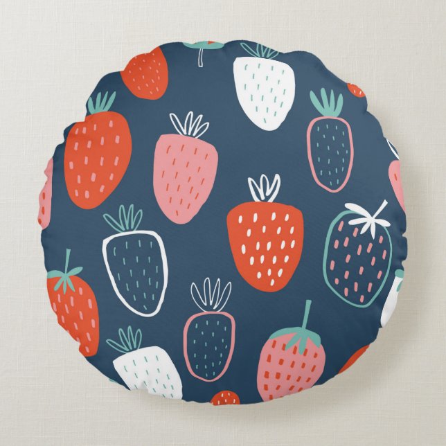 Seamless childish pattern with hand drawn strawber round pillow (Front)