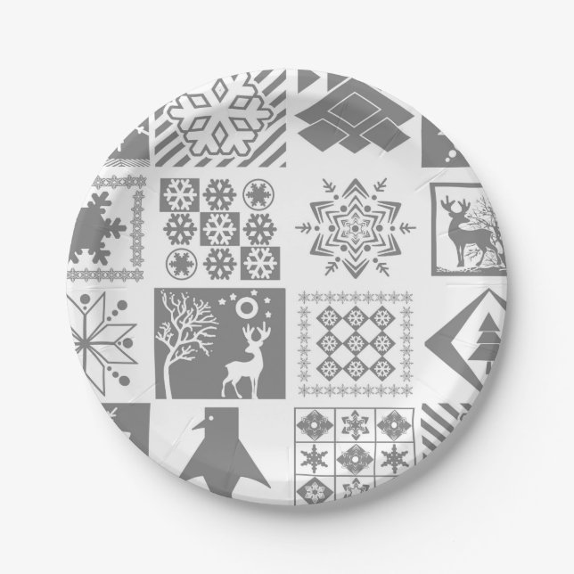 Seamless Christmas patchwork snowflake snow deer t Paper Plates (Front)