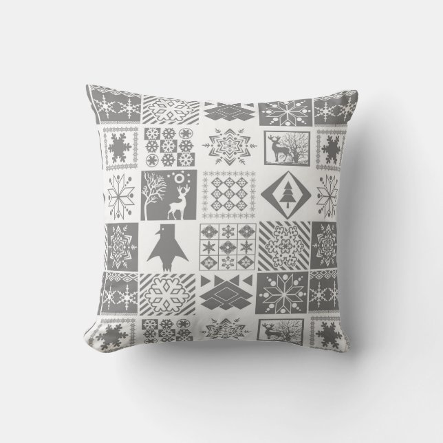 Seamless Christmas patchwork snowflake snow deer t Throw Pillow (Front)