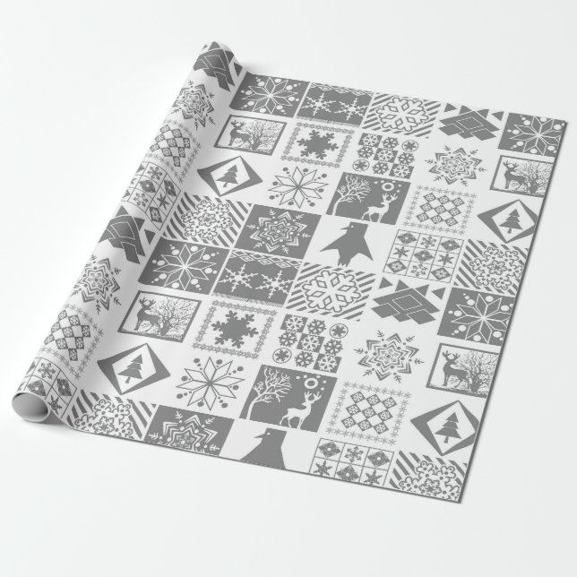 Seamless Christmas patchwork snowflake snow deer t Wrapping Paper (Unrolled)