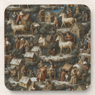 Seamless Christmas Pattern • Bruegel Style Vintage Beverage Coaster