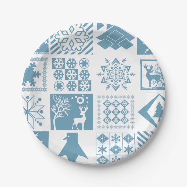 Seamless Christmas winter patchwork snowflakes pin Paper Plates (Front)