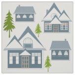 Seamless Christmas winter snow tree houses blue wh Fabric