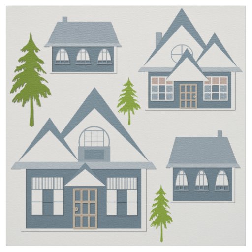 Seamless Christmas winter snow tree houses blue wh Fabric