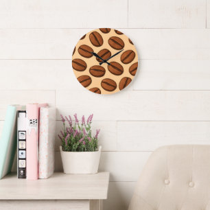 Seamless Coffee Bean Pattern Warm Brown Café Large Clock
