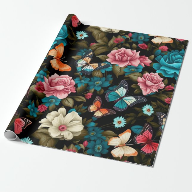 Seamless Colorful Butterfly and Floral Wrapping Paper (Unrolled)