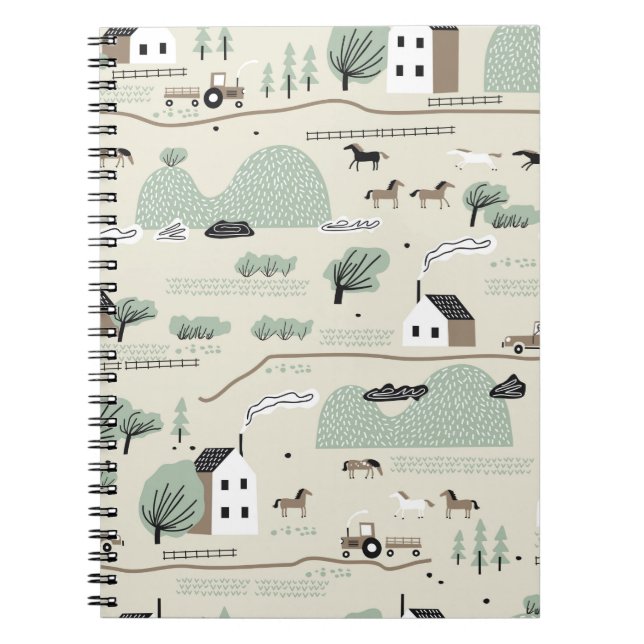 Seamless colorful pattern with house, trees, horse notebook (Front)