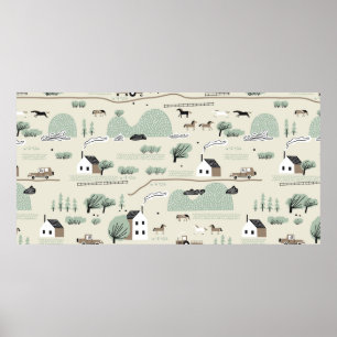 Seamless colorful pattern with house, trees, horse poster