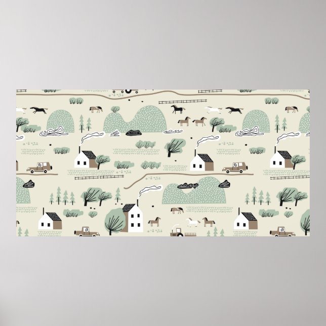 Seamless colorful pattern with house, trees, horse poster (Front)