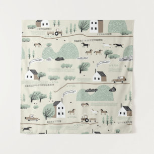 Seamless colorful pattern with house, trees, horse tapestry