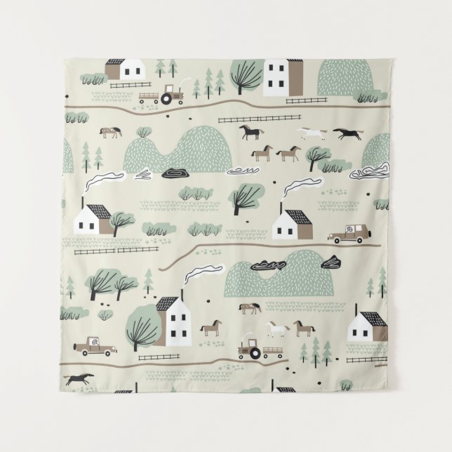 Seamless colorful pattern with house, trees, horse tapestry (Front)