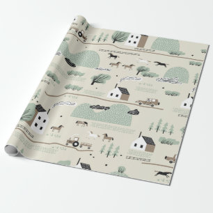 Seamless colorful pattern with house, trees, horse wrapping paper