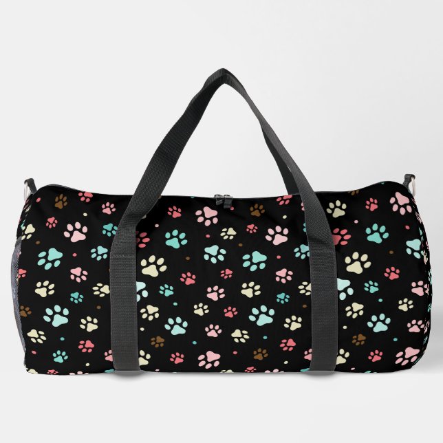 Seamless Colorful Small Dog Paws Black  Duffle Bag (Back)