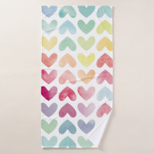 Seamless colorful watercolor painted hearts patter bath towel