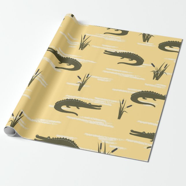 Seamless crocodiles pattern. Vintage yellow backgr Wrapping Paper (Unrolled)