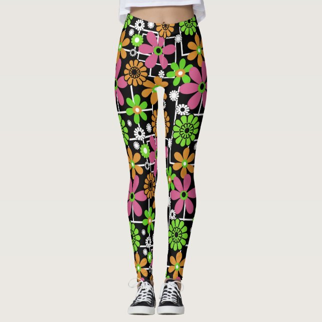 Seamless cute kids floral design fun cartoon flowe leggings (Front)