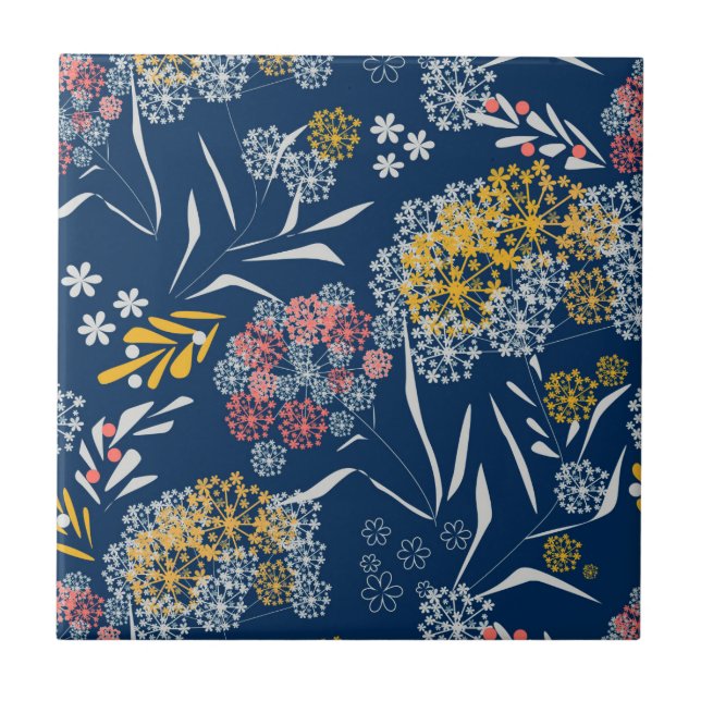 Seamless cute small flowers floral pattern navy vi ceramic tile (Front)