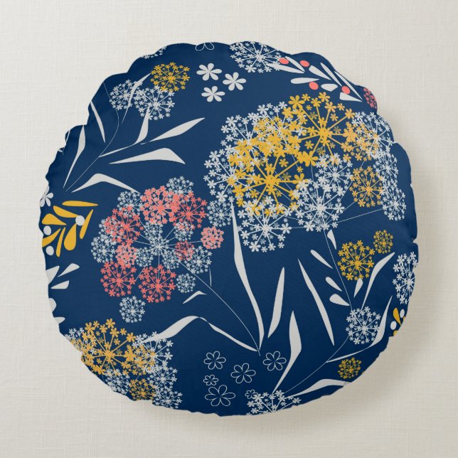 Seamless cute small flowers floral pattern navy vi round pillow (Front)