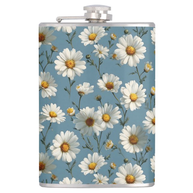 Seamless Daisy Flower Pattern on Blue Flask (Front)