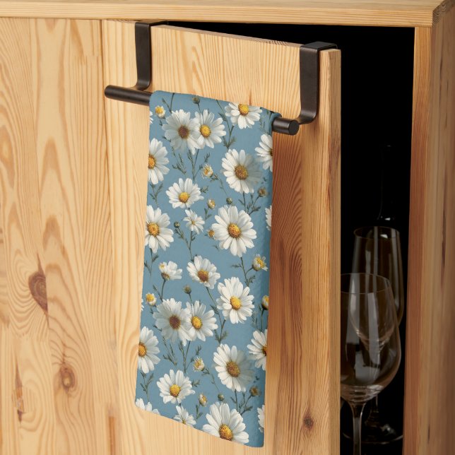 Seamless Daisy Flower Pattern on Blue Kitchen Towel (Thirds Fold)