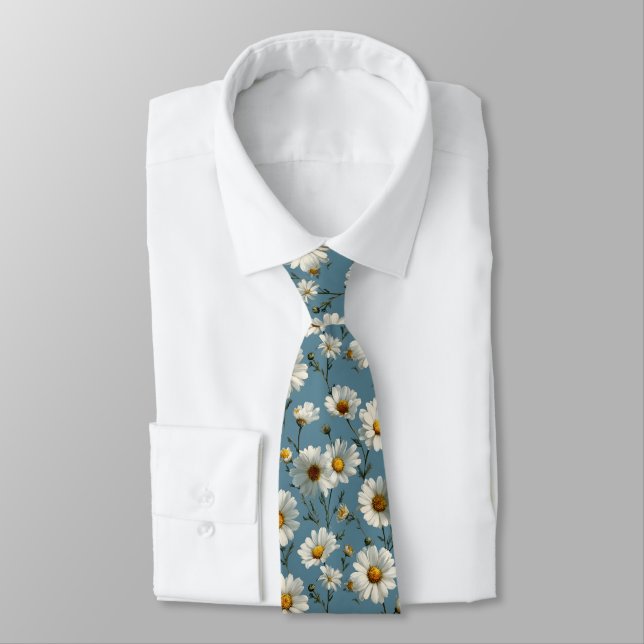 Seamless Daisy Flower Pattern on Blue Neck Tie (Tied)