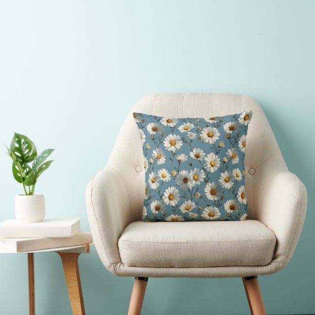 Seamless Daisy Flower Pattern on Blue Throw Pillow (Chair)