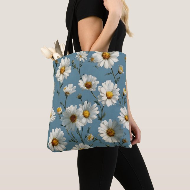 Seamless Daisy Flower Pattern on Blue Tote Bag (Close Up)