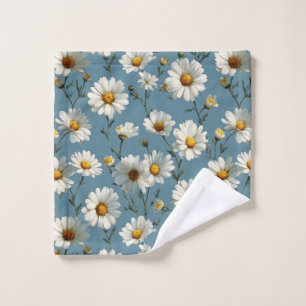 Seamless Daisy Flower Pattern on Blue Wash Cloth