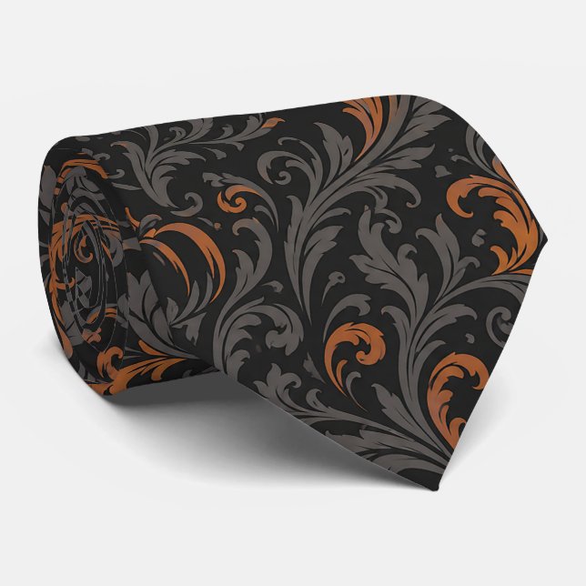 Seamless Dark Baroque Pumpkin Pattern | Black  Neck Tie (Rolled)