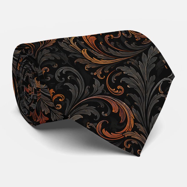 Seamless Dark Baroque Pumpkin Pattern | Black  Neck Tie (Rolled)