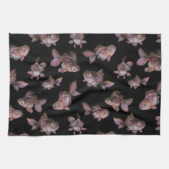 Seamless dark pattern with fish kitchen towel (Horizontal)