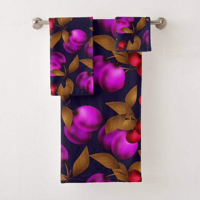 Seamless dark plum fruits purple berries cherry pa bath towel set (Insitu)