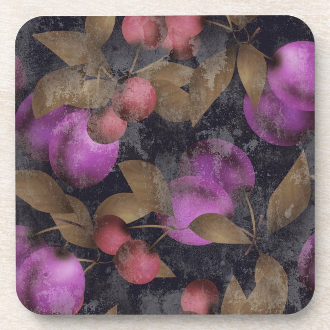Seamless dark plum fruits purple berries cherry pa beverage coaster (Front)