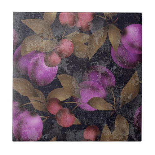 Seamless dark plum fruits purple berries cherry pa ceramic tile