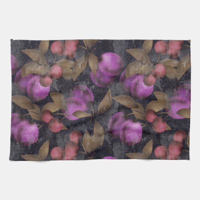 Seamless dark plum fruits purple berries cherry pa kitchen towel (Horizontal)