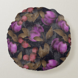Seamless dark plum fruits purple berries cherry pa round pillow