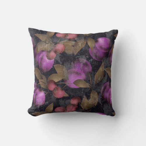 Seamless dark plum fruits purple berries cherry pa throw pillow